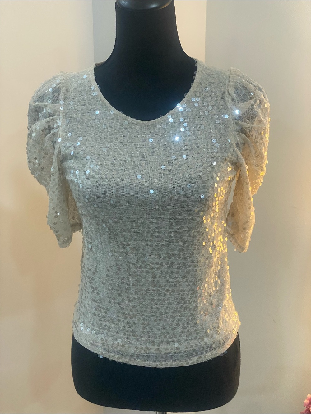 Zara Ivory Sequin Puff-Sleeve Top